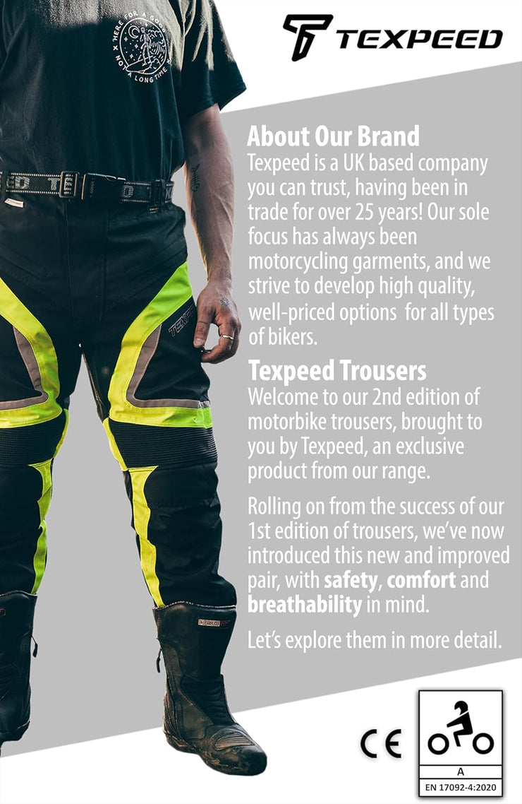 Motorcycle Biker Trousers Mens Motorbike Waterproof Textile Cordura Pants with Protective CE Armour (EN 1621-1) Yellow Hi Vis - 32W / 30L