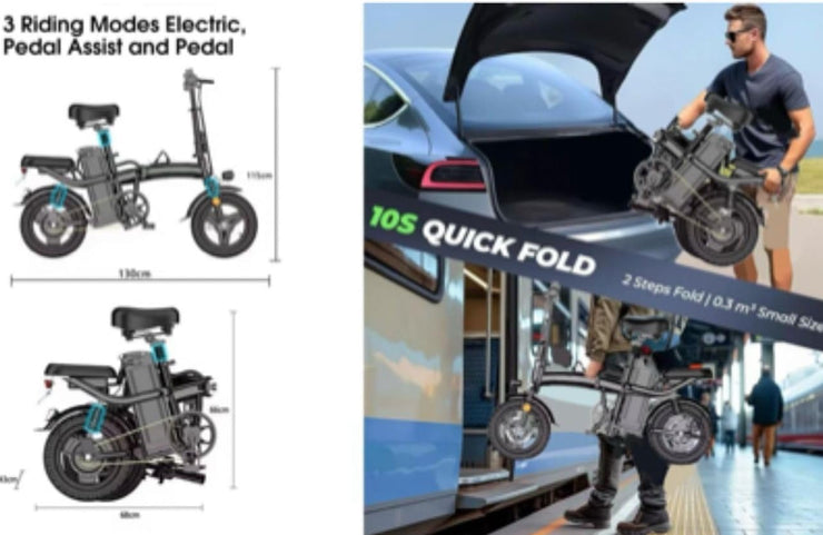 14-inch Foldable Electric City Bike, 48V 10Ah Battery, 250W Motor, Triple Suspension