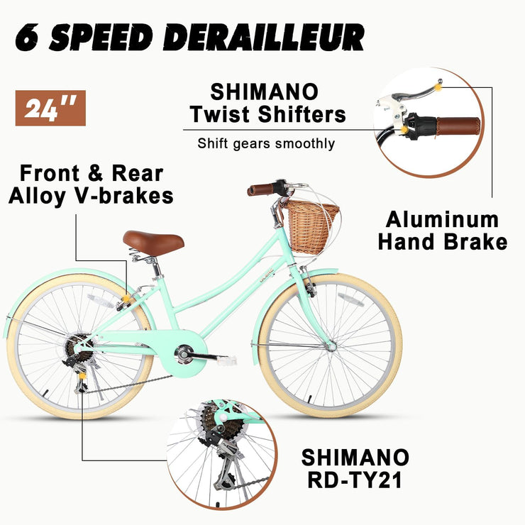 Glerc Missy Girls' 6-Speed Hybrid City Cruiser Bike with Wicker Basket