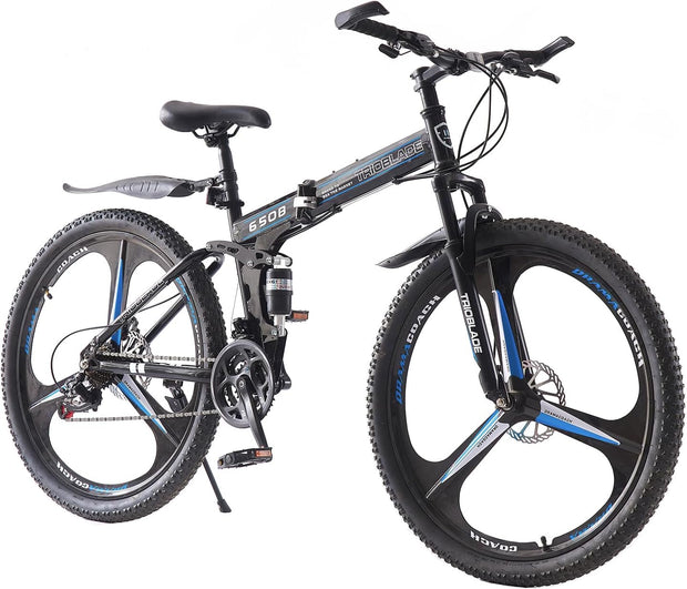 Adult Folding Mountain Bike: Dual Suspension, 3-Spoke Wheels, 21 Speed