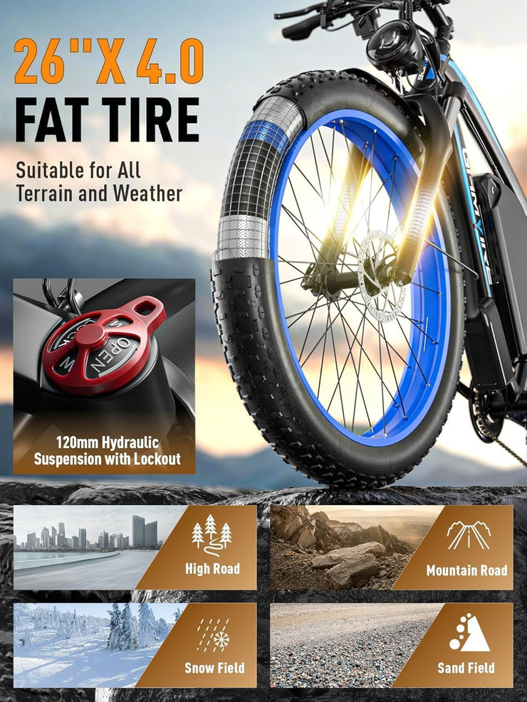 V7 Electric Fat Tire Mountain Ebike: 52V Battery, 21-Speed, Dual Hydraulic Brakes