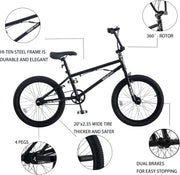 20-inch Freestyle BMX Bike for Kids, 6-13 Years, 360 Handlebar, 4 Pegs, Black