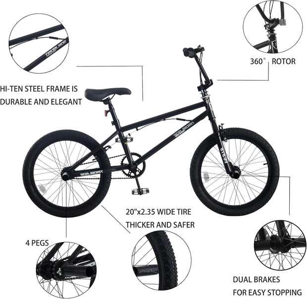 20-inch Freestyle BMX Bike for Kids, 6-13 Years, 360 Handlebar, 4 Pegs, Black