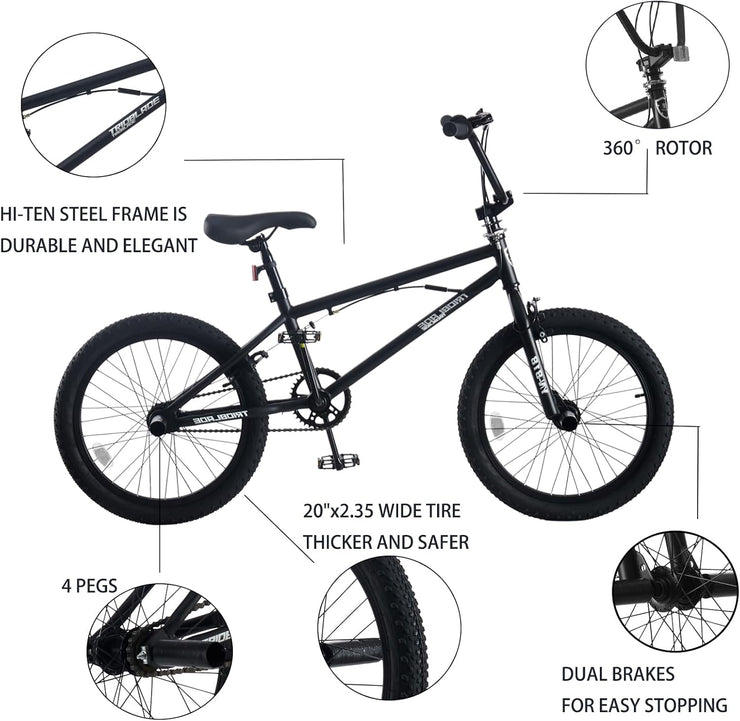 20-inch Freestyle BMX Bike for Kids, 6-13 Years, 360 Handlebar, 4 Pegs, Black