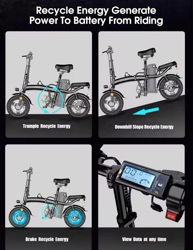 14-inch Foldable Electric City Bike, 48V 10Ah Battery, 250W Motor, Triple Suspension