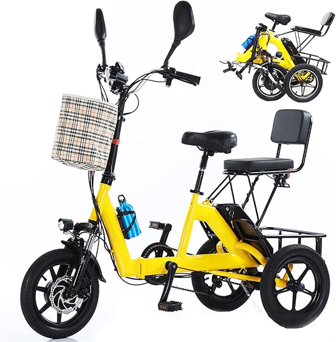 HpLNDas Folding Electric Adult Tricycle, 14-inch Wheels, Passenger Seat & Basket, 48V