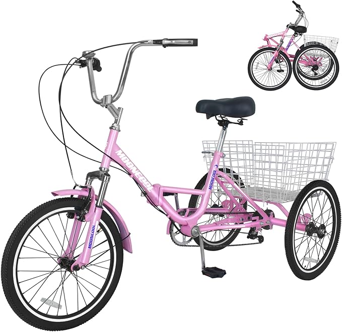 ARHAR Adult Folding Tricycle Cruiser Bike, 7-Speed 3-Wheel with Basket