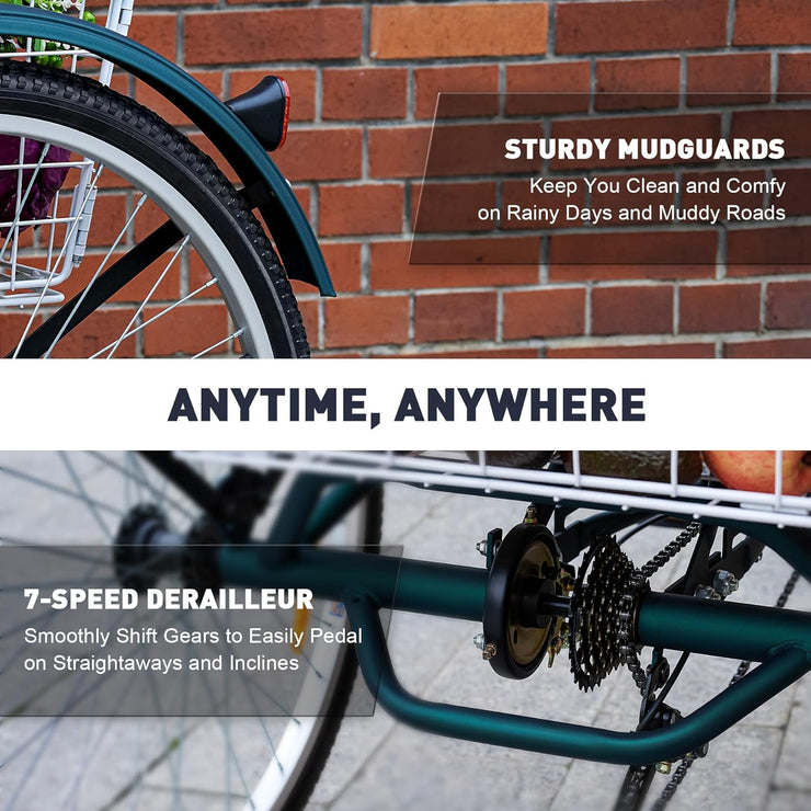 Viribus 26-inch Adult Tricycle, 7-Speed Cargo Trike with Basket for Seniors