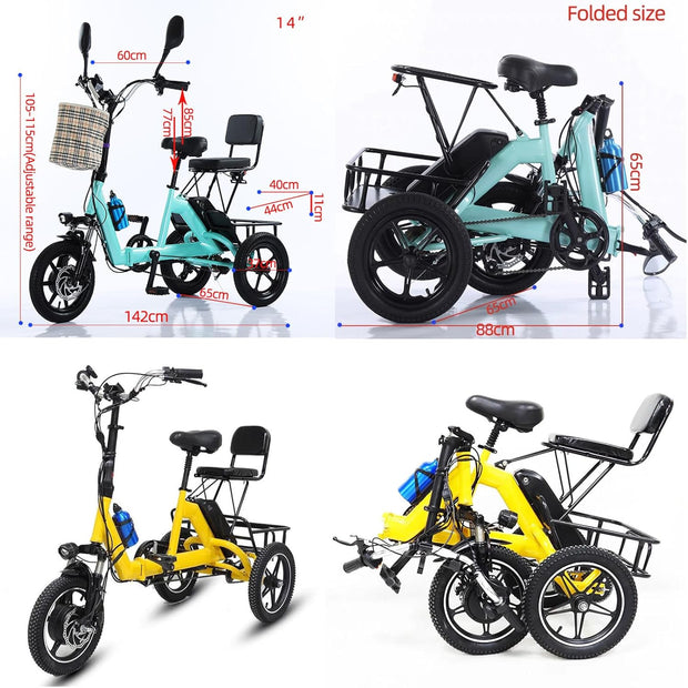 HpLNDas Folding Electric Adult Tricycle, 14-inch Wheels, Passenger Seat & Basket, 48V