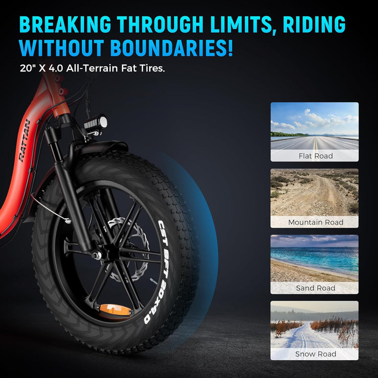 Rattan Ultra Folding E-Bike: 120-Mile Range, Dual Seat, Fat Tires, Hydraulic Brakes