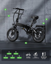 Finbike U3 16-inch Portable Electric Folding Bike, Fast Charge, 3 Modes, Shock Absorber