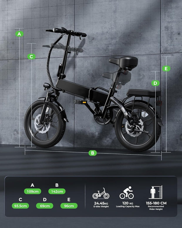 Finbike U3 16-inch Portable Electric Folding Bike, Fast Charge, 3 Modes, Shock Absorber
