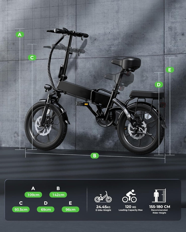 Finbike U3 16-inch Portable Electric Folding Bike, Fast Charge, 3 Modes, Shock Absorber