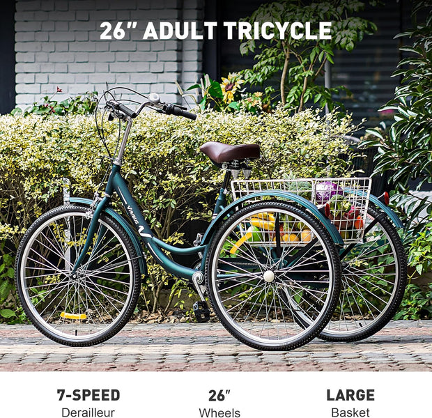 Viribus 26-inch Adult Tricycle, 7-Speed Cargo Trike with Basket for Seniors