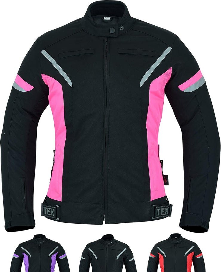Womens Motorcycle Biker Jacket Ladies Waterproof Textile Cordura Coat with Motorbike CE Armour (EN 1621-1) Black Pink - S